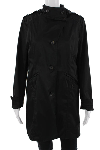 Cole Haan Women Trench Rain Coat Black Button High Neck Long Sleeve Size 8