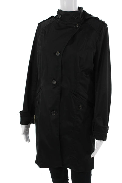 Cole Haan Women Trench Rain Coat Black Button High Neck Long Sleeve Size 8
