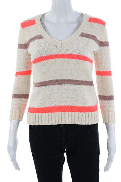J Crew Womens Pullover V-Neck Striped 3/4 Sleeve Beige Size 2XS