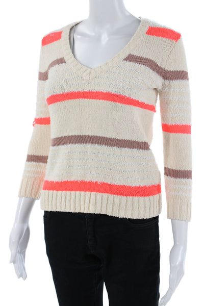 J Crew Womens Pullover V-Neck Striped 3/4 Sleeve Beige Size 2XS