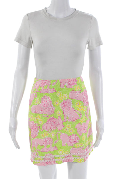 Lilly Pulitzer Womens A-Line Mini Skirt Green Animal Print Cotton Size 8
