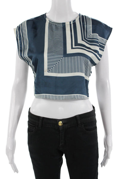 Misa Women Cropped Sleeveless Geometric Crewneck Blouse Dark Blue Size S