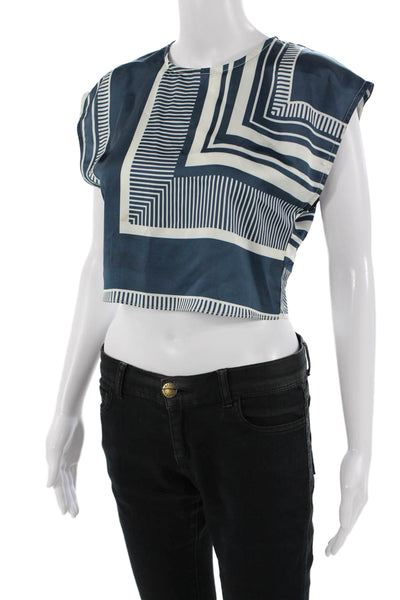 Misa Women Cropped Sleeveless Geometric Crewneck Blouse Dark Blue Size S