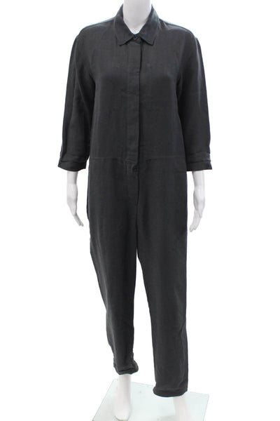 James Perse Womens Dark Gray Collared 3/4 Sleeve Jumpsuit Viscose Linen Size 1