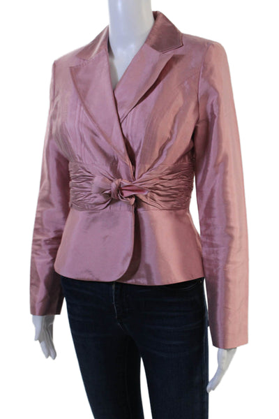 ABS Women Designer Pink Collared Tie Waist Silk Cotton Blazer Long Sleeve Size 2