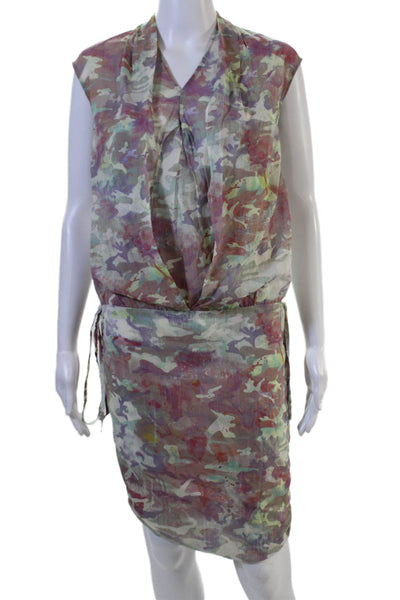IRO Women Shift Dress Camouflage V-Neck Short Sleeve Silk Drawstring Size S