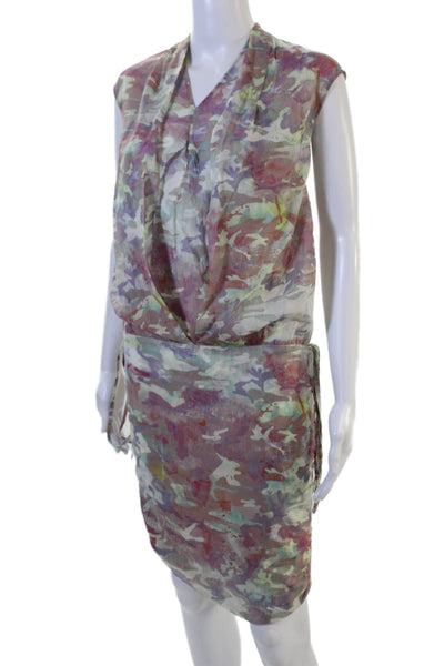 IRO Women Shift Dress Camouflage V-Neck Short Sleeve Silk Drawstring Size S