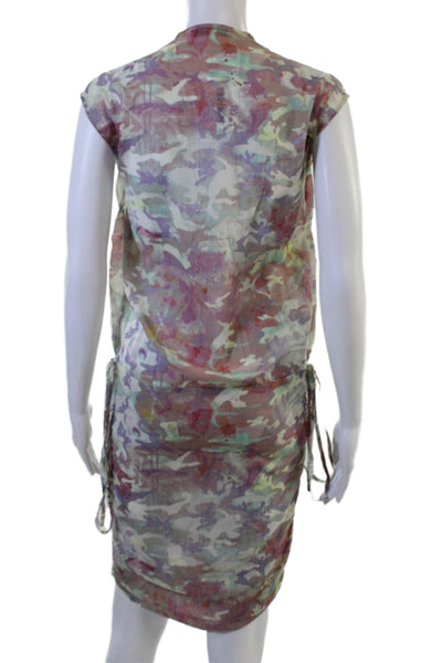 IRO Women Shift Dress Camouflage V-Neck Short Sleeve Silk Drawstring Size S