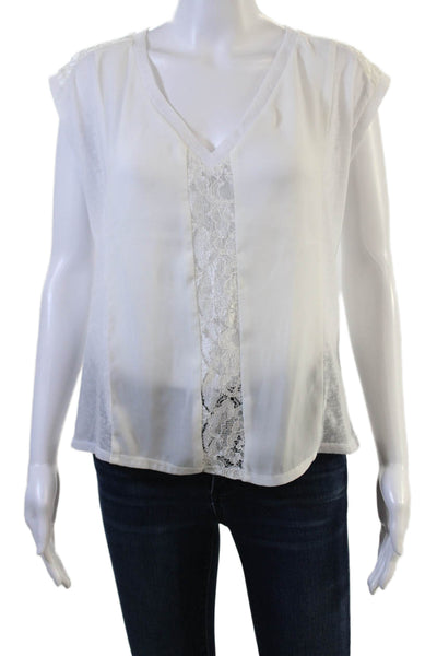 Alexis Women Bohemian V-Neck White Linen Blend Blouse Short Sleeve Size S