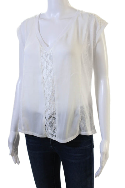 Alexis Women Bohemian V-Neck White Linen Blend Blouse Short Sleeve Size S
