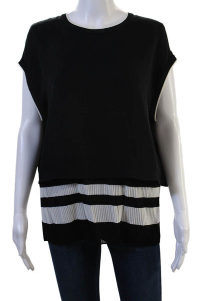 Vince Womens Black Silk Striped Sleeveless Tunic Blouse Crew Neck Size M