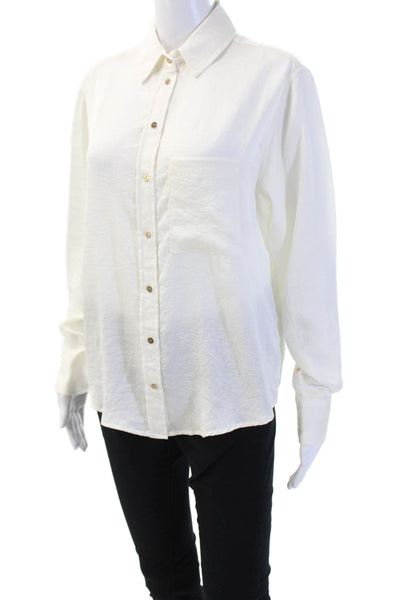 Zara Women Basic Button-Up White Long Sleeve Collared Polyester Size XS