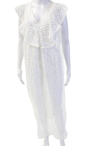 Vita Grace Women Kaftan Maxi Dress White Floral V-Neck Cotton Size M