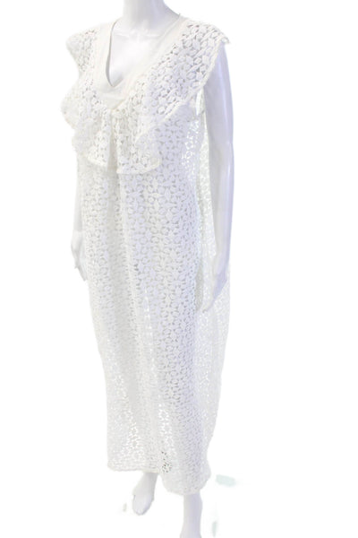 Vita Grace Women Kaftan Maxi Dress White Floral V-Neck Cotton Size M