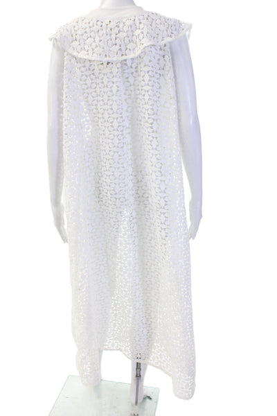 Vita Grace Women Kaftan Maxi Dress White Floral V-Neck Cotton Size M