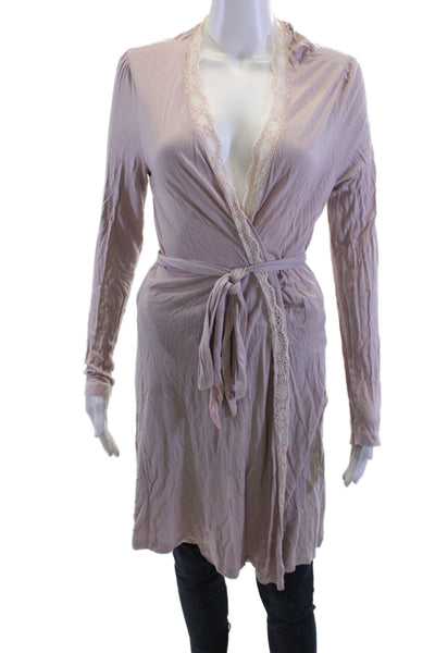 Eberjey Womens Lace Trim V-Neck Long Sleeve Tied Robe Pink Size S