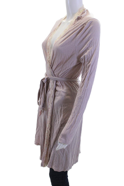 Eberjey Womens Lace Trim V-Neck Long Sleeve Tied Robe Pink Size S