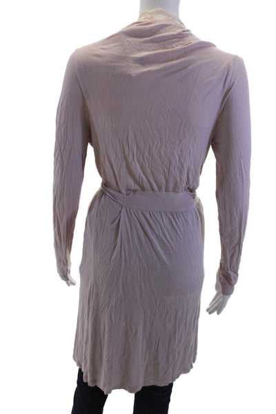 Eberjey Womens Lace Trim V-Neck Long Sleeve Tied Robe Pink Size S