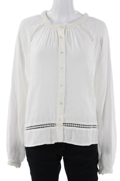 Cami NYC Womens Button Up Cotton Blouse White Crewneck Longsleeve Size L