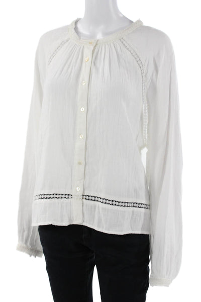 Cami NYC Womens Button Up Cotton Blouse White Crewneck Longsleeve Size L