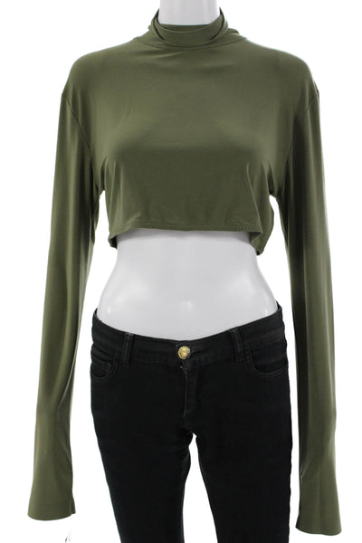 Norma Kamali Women Cropped Mock Neck Zip Long Sleeve Green Army Top Size L
