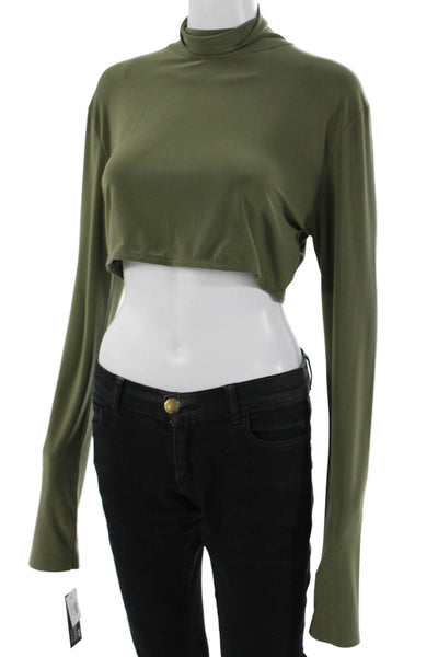 Norma Kamali Women Cropped Mock Neck Zip Long Sleeve Green Army Top Size L