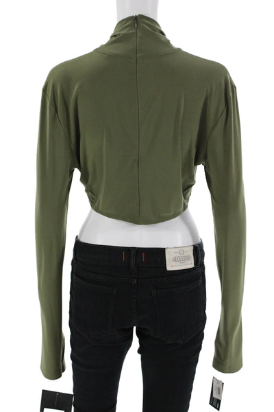 Norma Kamali Women Cropped Mock Neck Zip Long Sleeve Green Army Top Size L