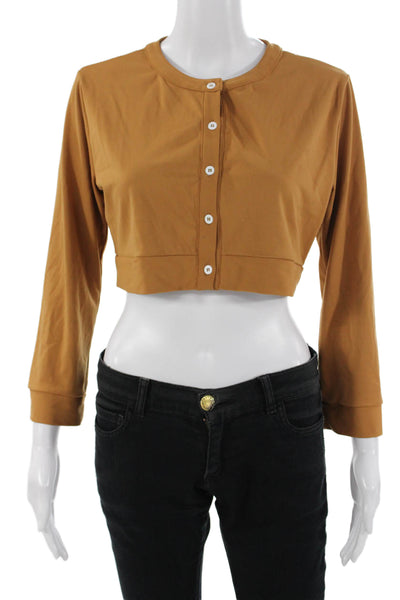 We Wore What Women Cropped Button-Up Sweater Brown Crew Neck Long Sleeve Size L