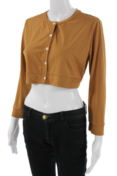We Wore What Women Cropped Button-Up Sweater Brown Crew Neck Long Sleeve Size L