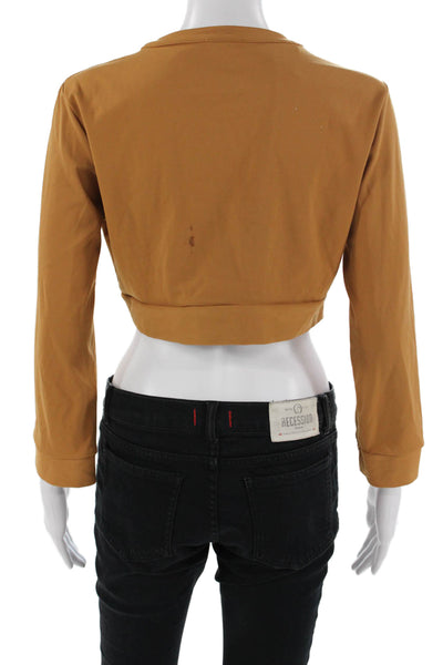 We Wore What Women Cropped Button-Up Sweater Brown Crew Neck Long Sleeve Size L