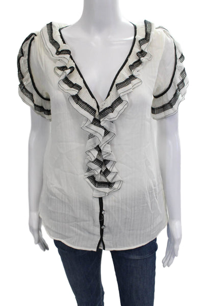 Zac Posen Women White Cotton V-Neck Button Short Sleeve Blouse Size 6