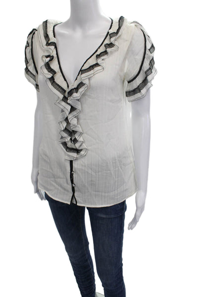 Zac Posen Women White Cotton V-Neck Button Short Sleeve Blouse Size 6