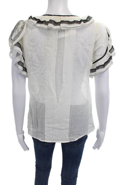 Zac Posen Women White Cotton V-Neck Button Short Sleeve Blouse Size 6