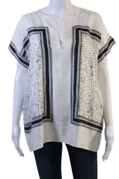 Vince Women Tunic Blouse Black Silk Geometric Short Sleeve Size M