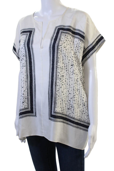 Vince Women Tunic Blouse Black Silk Geometric Short Sleeve Size M