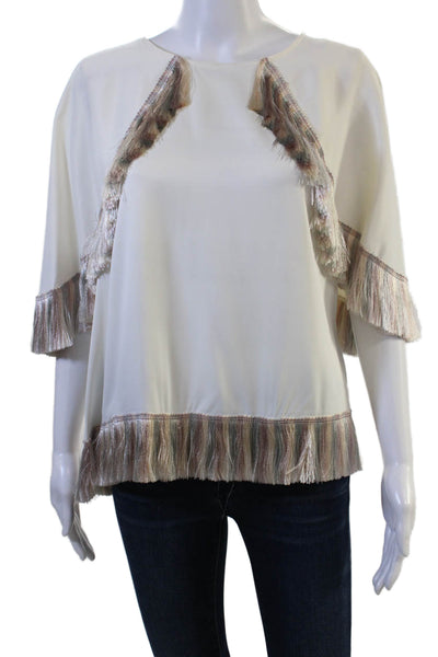 Alexis Womens Bohemian White Viscose Round Neck Short Sleeve Blouse Size L