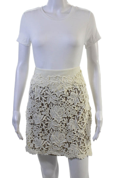 Elie Tahari Women A-Line Mini Skirt White Floral Cotton Knee Length Size 8