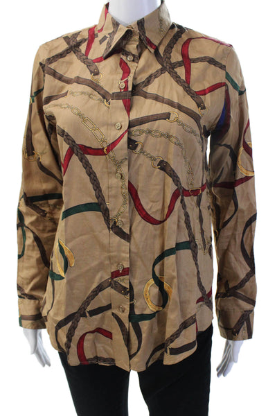 Lauren Ralph Lauren Women Collared Cotton Long Sleeve Button-Up Beige Size S