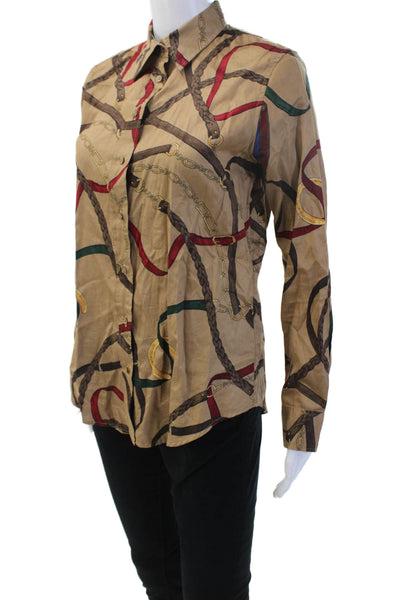 Lauren Ralph Lauren Women Collared Cotton Long Sleeve Button-Up Beige Size S