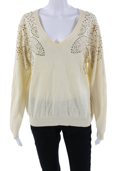Desigual Unisex Pullover V-Neck Beige Cotton Ramie Long Sleeve Sweater Size M
