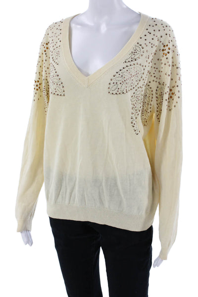 Desigual Unisex Pullover V-Neck Beige Cotton Ramie Long Sleeve Sweater Size M