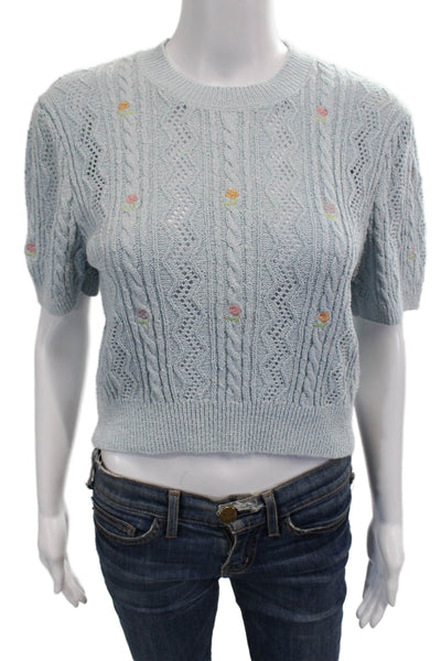Zara Women Light Blue Floral Short Sleeve Pullover Sweater Crew Neck Size M