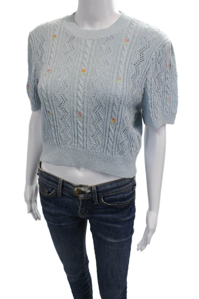 Zara Women Light Blue Floral Short Sleeve Pullover Sweater Crew Neck Size M