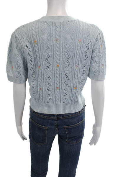 Zara Women Light Blue Floral Short Sleeve Pullover Sweater Crew Neck Size M