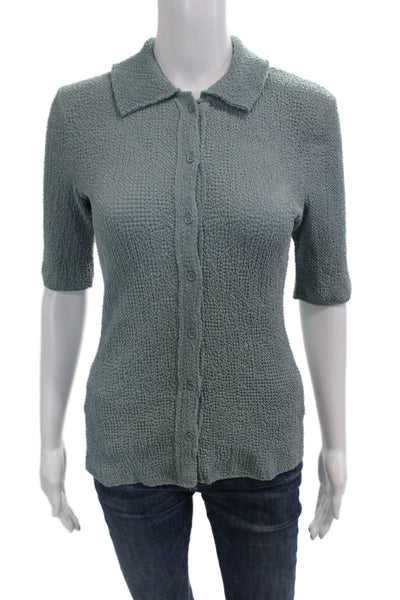 Zara Women Green Collared Button-Up Short Sleeve Polyester Top Size S
