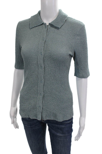 Zara Women Green Collared Button-Up Short Sleeve Polyester Top Size S