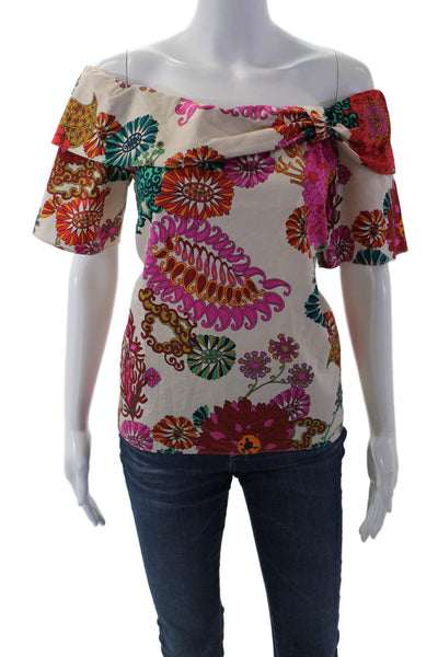 Trina Turk Womens Beige Floral Cotton Short Sleeve Boho Blouse Size S
