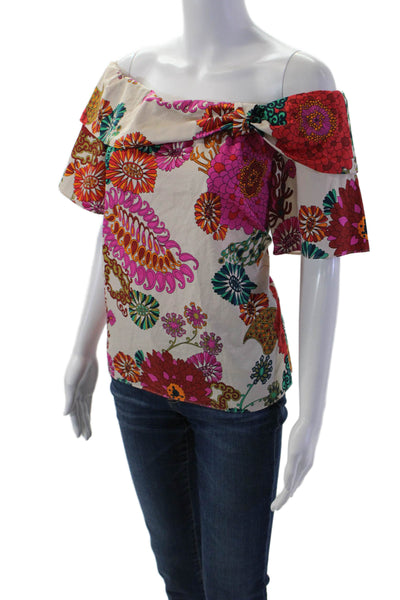 Trina Turk Womens Beige Floral Cotton Short Sleeve Boho Blouse Size S
