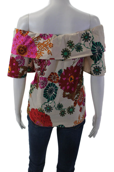 Trina Turk Womens Beige Floral Cotton Short Sleeve Boho Blouse Size S