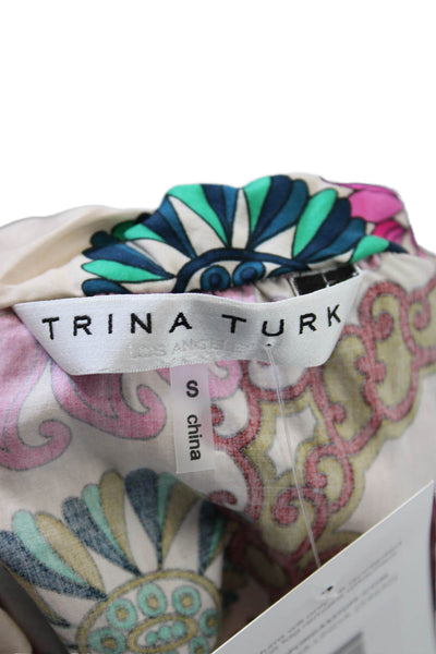 Trina Turk Womens Beige Floral Cotton Short Sleeve Boho Blouse Size S